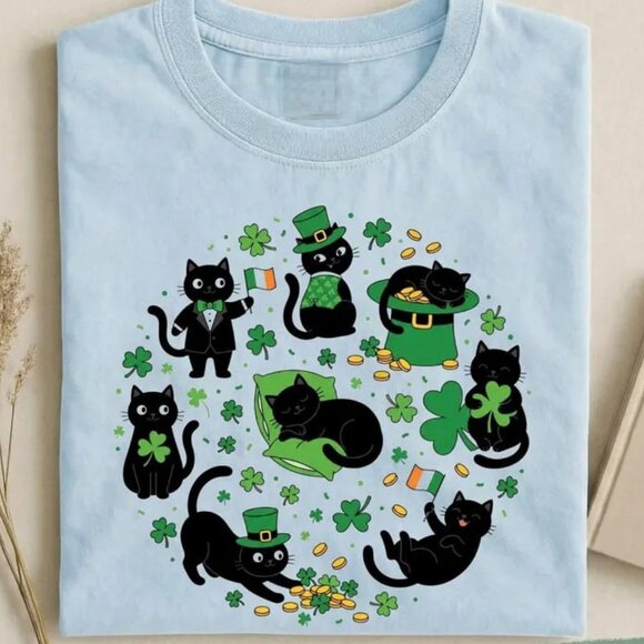 Tops - St Patricks Day Lucky Cat Shirt, Irish Cat Lovers, Cat Tee